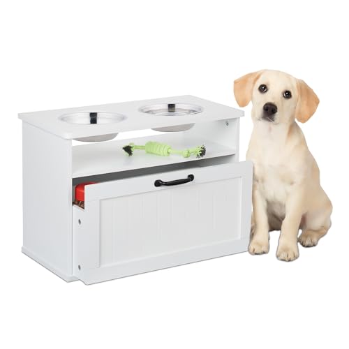 Relaxdays Ciotole Rialzate per Cani con Armadietto, Cassetto con 2 Scodelle in Acciaio, HxLxP: 42x60x30 cm, MDF, Bianco