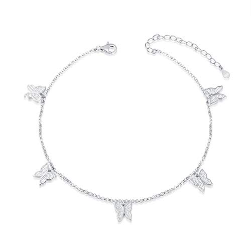 Sterling Silver Tennis Butterfly Anklet - Women Summer Beach Adjustable Anklet Bracelet Ankle Jewelry for Teens Women