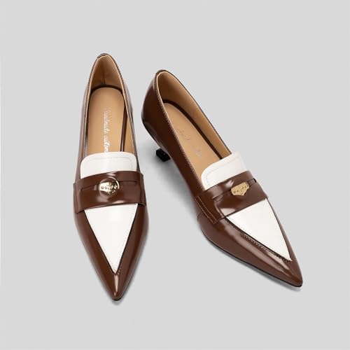 Women's Stitching Pointed Closed Toe Pull-On Pumps Mid Kitten Flare Heeled Loafers Classic Work Office Church Sexy Comfortable Dress Shoes Business Party All Weather Heels2
