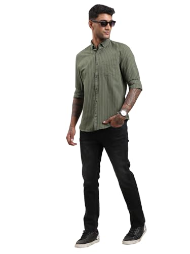 Image of Turtle Men Slim Fit Striped Cotton Linen Spanish Green Casual Shirt