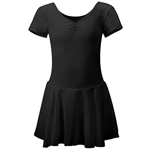 DIPUG Ballet Leotards for Girls Ballet Leotard With Skirt Toddler Dance Leotards Short Sleeve Black Size 6-7