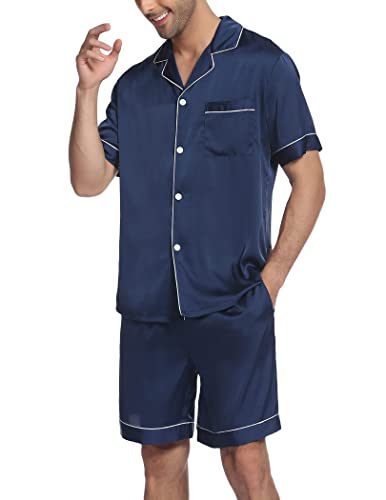 Image of Ekouaer Mens Satin Pajamas Set Button-Down Short Sleeve Shirt Top Soft Silk Sleepwear Shorts with Pockets