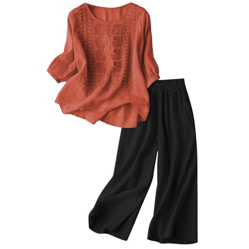 Genérico Conjunto de dos Piezas para Dama Traje de Lino y Algodón para Otoño e Invierno Set Boho con Blusa Tunica con Bordado y PantalóN Ancho Traje Ligero para Playa y Vacaciones