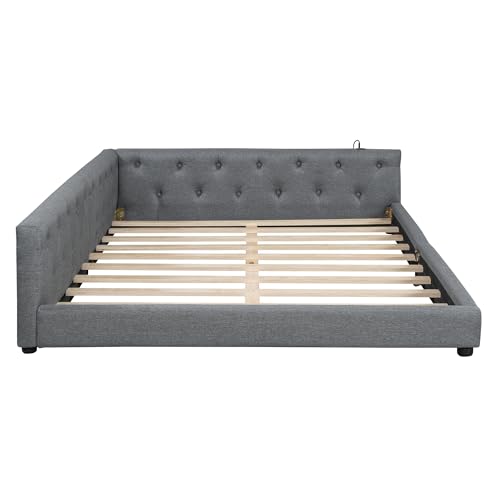 Gegtuon Schlafsofa Doppelbett Polsterbett 140x200 mit LED-Licht, USB-Bett Sofabett mit Kopfteil und Armlehnen, Tagesbett Jugendbett Bettgestell mit Lattenrost, ohne Matratze, Leinen, Grau