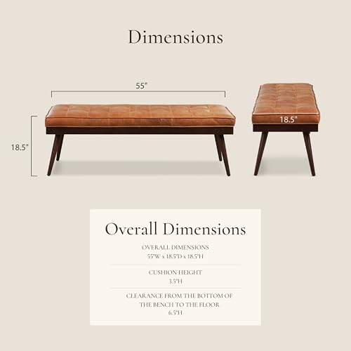 Image of Poly & BARK 55 inch Tufted Leather Bed Bench for Bedroom End of Bed - Living Room Entry Way Bench - Pure Italian Leather Upholstery with a Solid Wood Frame - Ottoman Bench with Wooden Legs - Cognac Tan