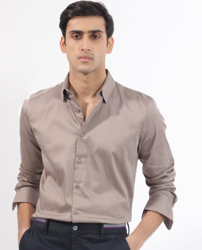 Image of Rare Rabbit Men Regular Fit Solid Beige Satin Long Sleeve Button Shirt