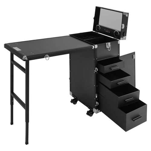 WFIETN Mesa de manicura, mesa de uñas plegable con 4 cajones y mando a distancia, mesa de manicura móvil enrollable como estación de maquillaje temporal para salón de belleza (negro)