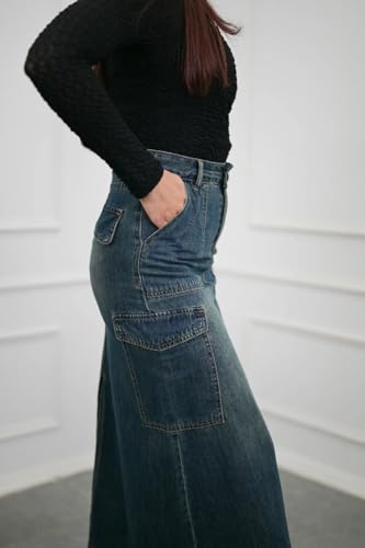 Image of GRECIILOOKS Women's High Waist Denim Skirt with Front Slit - Long Maxi Jean Skirt Casual Fashion - Stylish Denim Skirts for Women