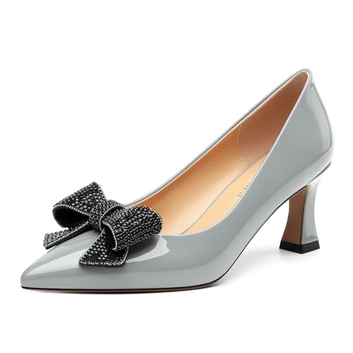 Image of Heels for Women Closed Patent Pointed Toe Bow Pumps Slip on Kitten Low Heels Wedding Party Dress Office Shoes 2.5Inch