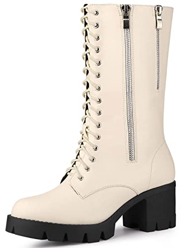 Allegra K Women's Lace Up Platform Chunky Heel Beige Mid Calf Combat Boots Halloween Boots 8.5 M Us #TOP16
