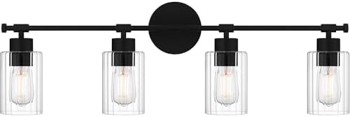 Quoizel Caputo Bath Vanity Lights, 32 Inch 4-Light Matte Black Lighting Fixtures Over Mirror, Clear Ribbed Glass, 100W, Modern Industrial Wall Mount Light for Bathroom, Dresser or Sink