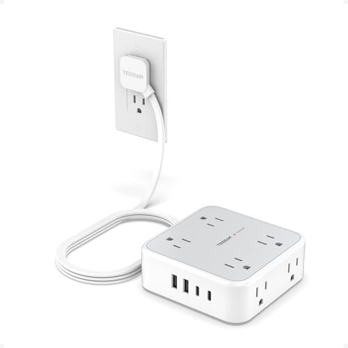 Image of TESSAN Surge Protector Power Strip, 5 Ft Flat Plug Extension Cord with 4 USB (2 USB C) 8 Outlets, 1250W, 900J Protection, 3 Sided Outlet Extender with Power Switch for Office, Dorm Room, Grey
