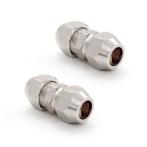 DIYCUT 2 Piezas Racores de Compresión Cobre Niquelado, 8 MM Conector de Tubo de Compresión, Color Plateado Doble Recto Unión de Tuberías, para Sistemas Hidráulicos, Tuberías y Compresores de Aire