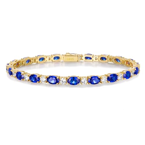 Wyyxl Wedding Bracelets for Brides 14K Gold Plated Silver 4mm Wide Blue Sapphire Tennis Bracelet Womens Gold Bracelets 7 Inch