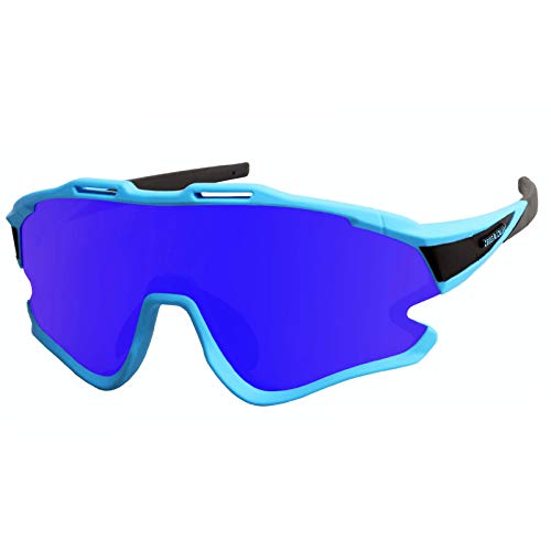 Lunettes de Cyclisme Lunettes de Sport Soleil Polarisées Tr90 Cadre Super Léger avec 3 Verres Interchangeables Protection UV400 pour Hommes et Femmes pour Sport Les Activités de Plein Air (Blue Black) Cover