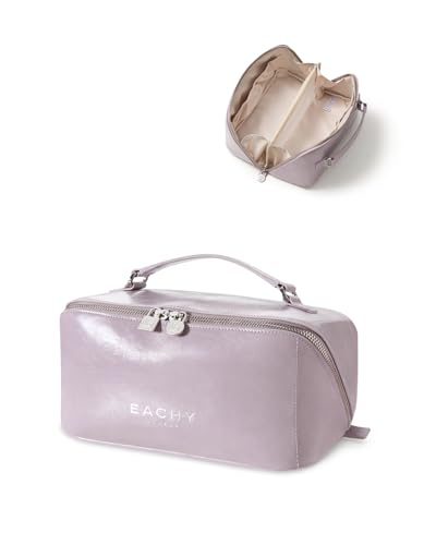 Image of EACHY Travel Makeup Bag, Large Capacity Cosmetic Bag for Women, Waterproof PU Leather, Flat Open Portable Toiletry Bag for Skincare, Brushes & Travel Essentials