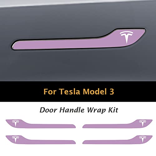 Image of IPG Compatible for Model 3 / Model Y /Juniper Door Handle Decal Sticker Wrap Kit (Set of 4) with Tesla Logo Personalize Your Tesla (Lilac)