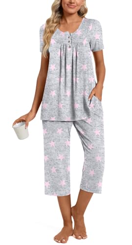 Image of Womens Summer Pajama Sets 2 Piece Short Sleeve Top and Capri Pants Plus Size Ladies Lounge Pjs Sets with Pockets