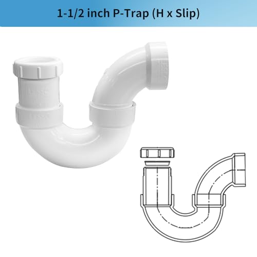 Image of LESSO P Trap PVC 1.5 Inch, 1- /2 inch Pipe RV Drain Bathroom Kitchen Sink | PVC Fitting, White Threaded Adapter Ring, Tubular Kit