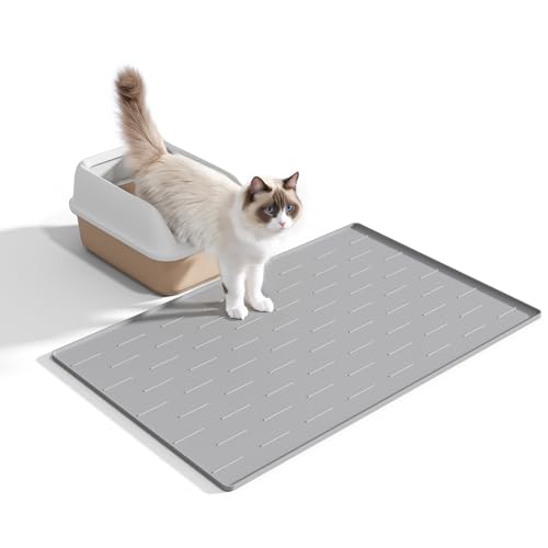 Pieviev Silicone Cat Litter Trapping Mat, 34''x22'' Large Cat Litter Mat, Easy to Clean & Soft on Kitty Paws, Waterproof Kitty Litter Pads for Indoor Cats, Light Grey
