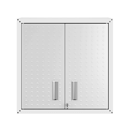 Image of Manhattan Comfort Fortress 30 inch Floating Textured Metal Garage Cabinet with Adjustable Shelves, Set of 1, White