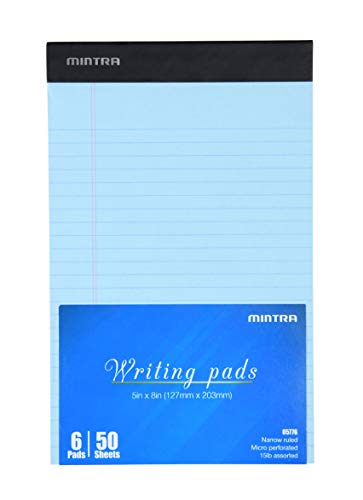 Image of Mintra Office Colorful Legal Pads - Includes 2 Blue, 2 Pink, and, 2 Green Writing Pads, Micro Perforated Lined Sheets, Ideal for Professional & Personal Use, 5 inchx8 inch Narrow Ruled, 6 pack Basic Pastel