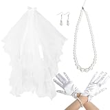 Heliltd 5pcs White Bridal Veil Accessories Set Veils for Women Wedding including Stain Gloves Bridal Pearl Bow-Tie Veil Pearl Jewelry Set Hair Clip Bachelorette Veil for Women And Girls