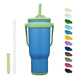 BJPKPK 40 OZ Insulated Travel Tumbler with Handle and Straw, Stainless Steel Water Bottle, Double Wall Vacuum Insulated Mug, for Work, Car, Travel, Sky Blue
