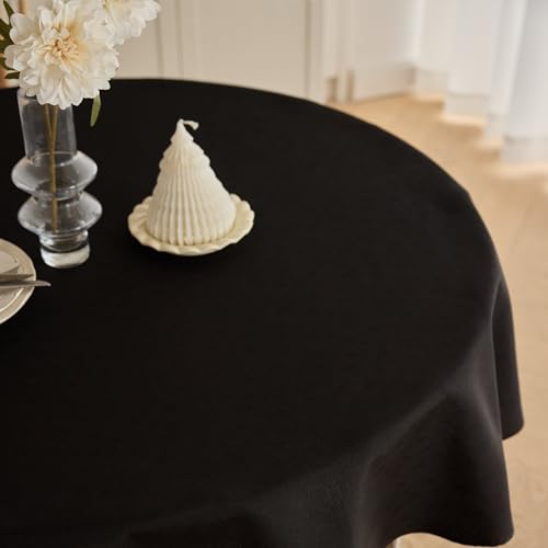 Decorelia Waterproof Linen Texture Table Cloth for Round Dining Table, Decorative Fabric Anti-Scratch Table Cover for Indoor Outdoor Party Dining & Kitchen Table (70 Inch, Round (4-6 Seats), Black)