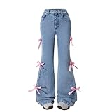 Nivne Tco Girls Flare Jeans High Waist Y2K Bell Bottoms, Wide Leg Denim Pants with Cute Pink Bow Decor & Pockets (US, Age, 10 Years, Blue)