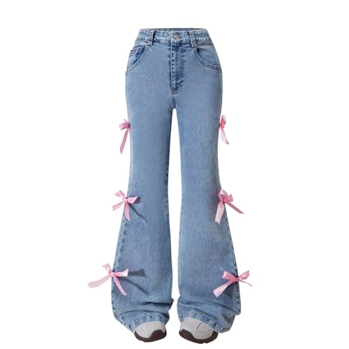 Nivne Tco Girls Flare Jeans High Waist Y2K Bell Bottoms, Wide Leg Denim Pants with Cute Pink Bow Decor & Pockets (US, Age, 10 Years, Blue)