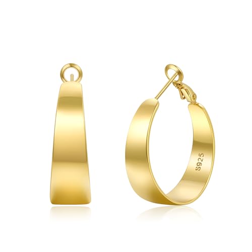 VEEDOFA Pendientes de aro dorados gruesos de 10mm de ancho para mujeres, Pendientes de aro grandes gruesos chapados en oro auténtico de 14K, Aros grandes ligeros hipoalergénicos