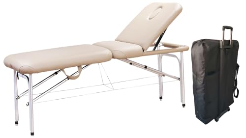Portable Massage Bed 25 3-Section Aluminium Foldable Beauty Couch for Reiki Therapy Treatment. Height Adjustable 66cm to 84cm Weight 13kgs Only Length 184cm Width 63cm (Beige)