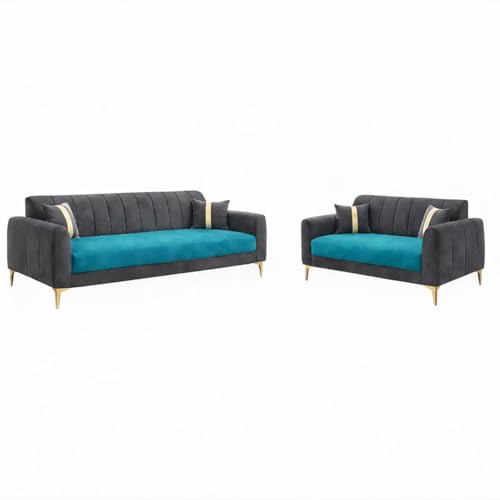 Image of Hermione Luxe Velvet-Suede Fabric 3 Seater + 2 Seater Sofa Set | Golden Legs | Comfortable & Spacious Seating | Modern Sofa Set for Living Room - Dark Gray & Aqua Blue