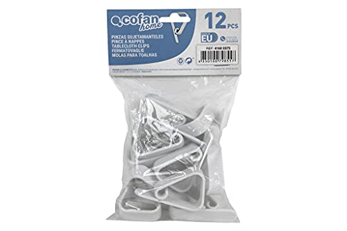 Cofan Pack de 12 Pinzas para sujetar manteles | Fabricadas en plástico blanco | Clips sujetamanteles flexibles y resistentes