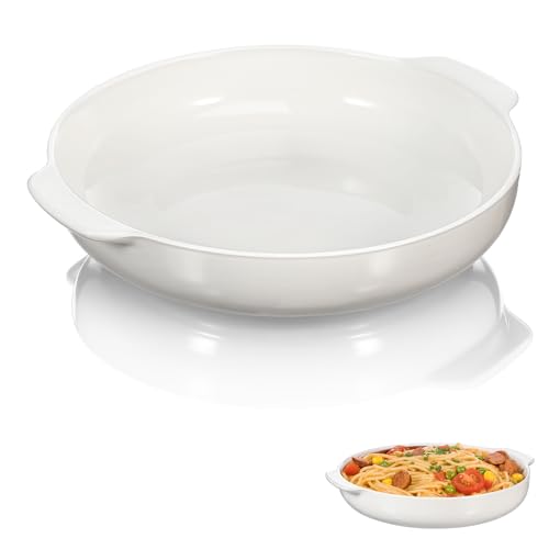 DRESSOOS Molde de Cerámica de Color Claro para Hornear de 7 Pulgadas, Bandeja Resistente al Horno y Microondas, Plato Profundo Redondo con Doble Asa para Servir Pollo, Pizza y Pasta