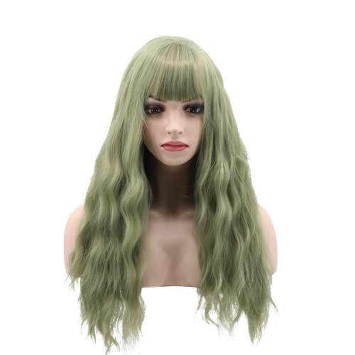 Mint Green Wig With Bangs Olive Green Wig Long Wave Curly Hair for women's Costume(21 Inches)