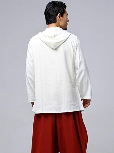LifeHe Men\'s Cotton Linen Hooded Kimono Cardigan Curved Hem Jacket Coat (White, One Size) - Thumbnail 4