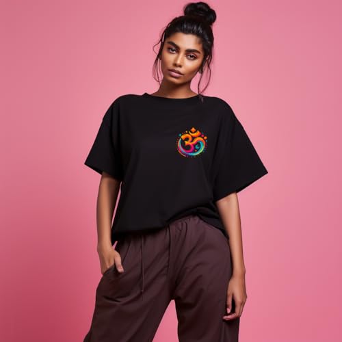 Image of prabhu bhakti Women's Oversized Lord Shiva Printed Black T-Shirt | Back Print Drop Shoulder Pure Cotton Oversized Tshirt for Girls & Women