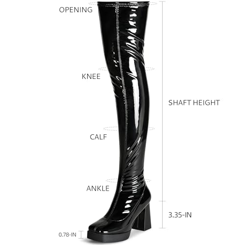 KHPAERMEI Platform Thigh High Boots Women GoGo Boots Square Toe Chunky Heels Patent Leather PU Over The Knee High Stretch Boots2