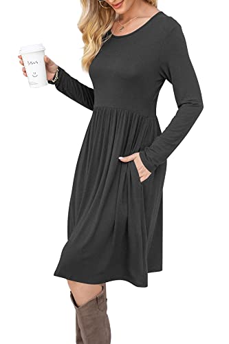 Image of DB MOON Women Casual Long Sleeve Dresses Empire Waist Knee Length Loose Dress with Pockets