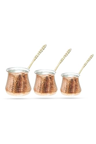 Set de 3 Cafetières Turques en Cuivre Forgé, Rouge Cuivré, Traditionnelles, pour Préparer un Café Authentique et Savoureux - Rouge Cuivré