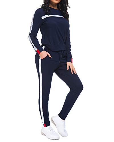 Unifizz Women Stripe Patchwork Two Piece Sweatsuit Round Neck Pullover And Skinny Long Pants Blue S #TOP2
