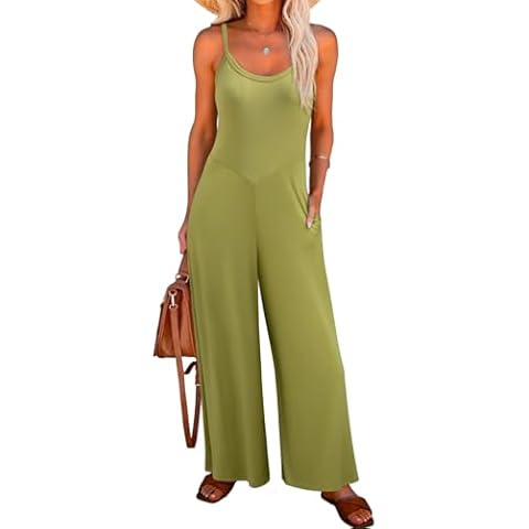 LUXVEER Jumpsuits for Women 2025 Summer Sleeveless Casual Loose Wide Leg Long Pant Rompers One Piece Beach Vacation Outfits Green M Cover