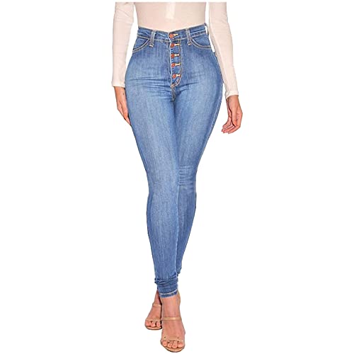 Ghemdilmn Pantalones vaqueros para mujer de cintura alta, con botones, elásticos, corte ajustado, corte ajustado, tejido elástico, corte clásico, azul claro, XL