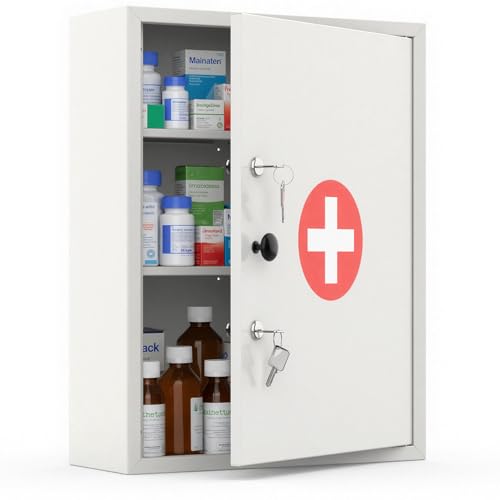 Image of Medicine Cabinet with Dual Key Lock, Wall Mounted First Aid Cabinet, Pill Bottle Organizer Storage for Home Office & School Use 16 inch W x 6 inch D x 21 inch H (White)