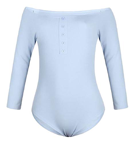 FLCH+YIGE Women Off Shoulder Long Sleeve Bodysuit Sexy Stretchy Bodycon Top Sky Blue L