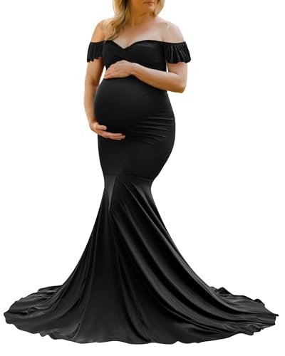 Saslax Off Shoulder Ruffle Sleeves Elegant Fitted Maxi Maternity Dress