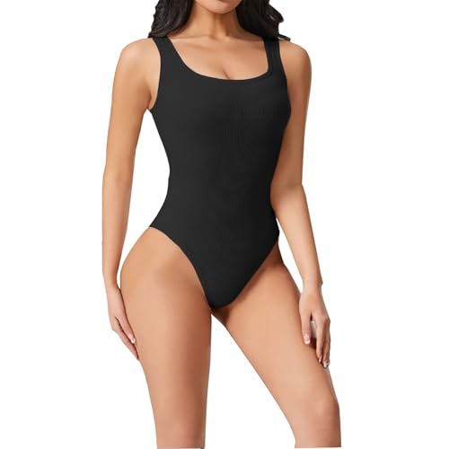 Women's Bodysuit Sleeveless Square Neck One Piece Bodysuits Tops Tummy Control Fashion Shapewear(1B-Black, XXL)