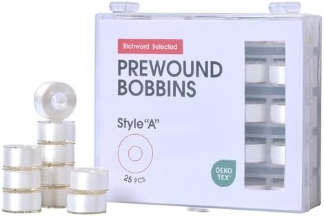 Richword Selected White 25pcs Size A Prewound Bobbins, Plastic Sided, 70D/2(60WT) Polyester Bobbin Thread for Single Needle Embroidery and Sewing Machine